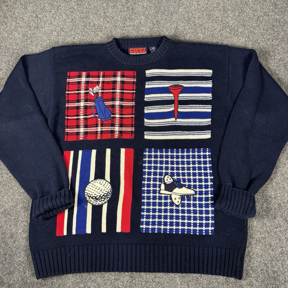 Vintage Pivot Rules Golf Sweater Mens M Navy Knit Crewneck 90s Graphic
